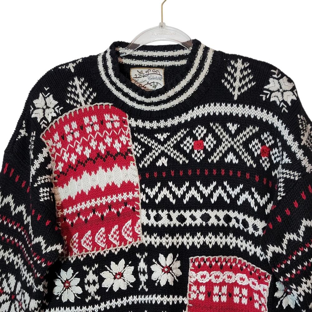 Heirloom Collectibles Vintage Fair Isle Nordic Crew Neck Sweater Black White M - Picture 2 of 13